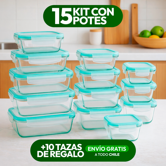 Kit con 15 Frascos Herméticos de Vidrio + 10 Vasos de Vidrio Aruba [¡ÚLTIMAS UNIDADES EN STOCK!]