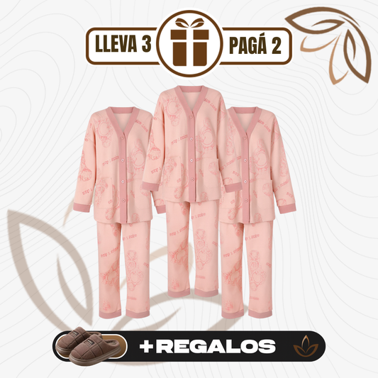 [Llevá 3 Pagá 2] Pijama Femenino Celina en Algodón y Poliéster (¡Noches Perfectas de Sueño!) + Pantufas de Regalo