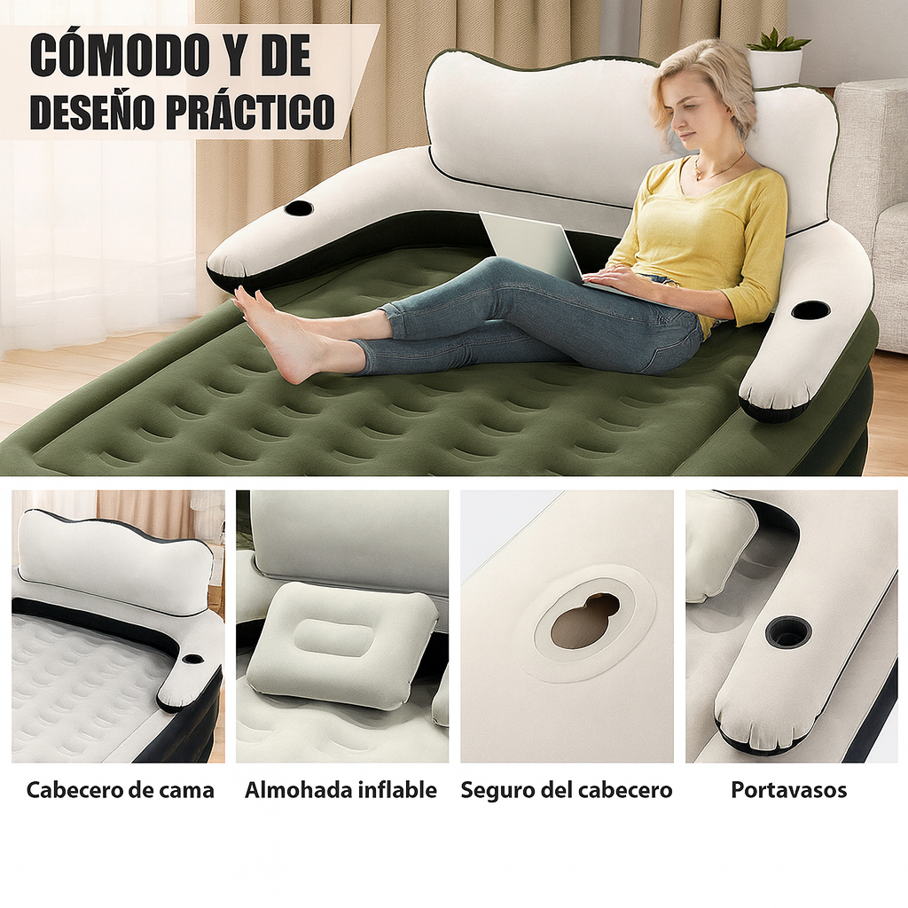 [Llevá 2 Pagá 1] Colchón Portátil de Dos Plazas con Apoyo para la Cabeza, Triple Revestimiento y Antidesgarro +REGALO: Bomba de Aire Eléctrica