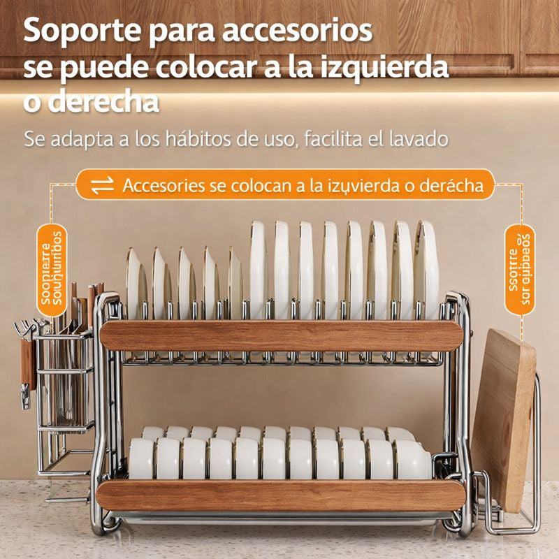 Escurridor Multifuncional de Acero Inoxidable y Madera (¡Moderno y Elegante!) +REGALO: Kit de Utensilios de Cocina