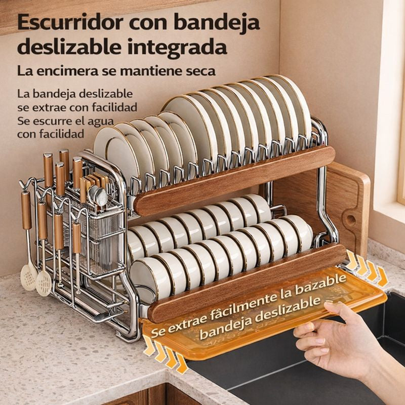 Escurridor Multifuncional de Acero Inoxidable y Madera (¡Moderno y Elegante!) +REGALO: Kit de Utensilios de Cocina