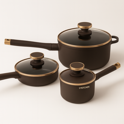 Conjunto Completo de 3 Ollas en Acero Inox Antideslizante con Mango de Madera +REGALO: Kit de Utensilios de Cocina