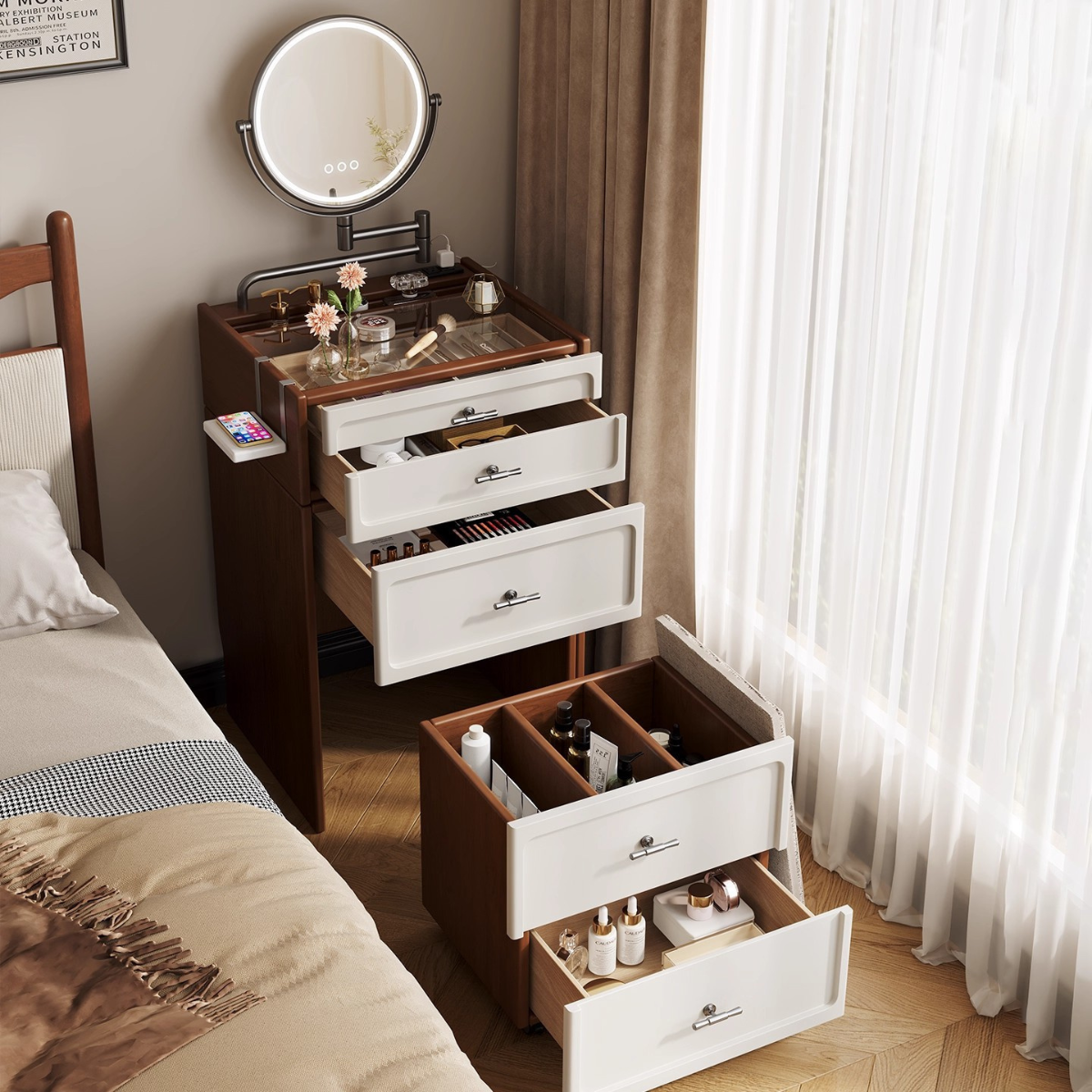 [Llevá 2 Pagá 1] Mesita Organizadora de Dormitorio de Madera con 4 Cajones y Compartimentos Inteligentes