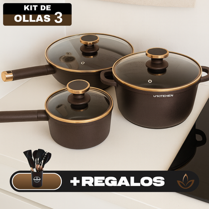 Conjunto Completo de 3 Ollas en Acero Inox Antideslizante con Mango de Madera +REGALO: Kit de Utensilios de Cocina