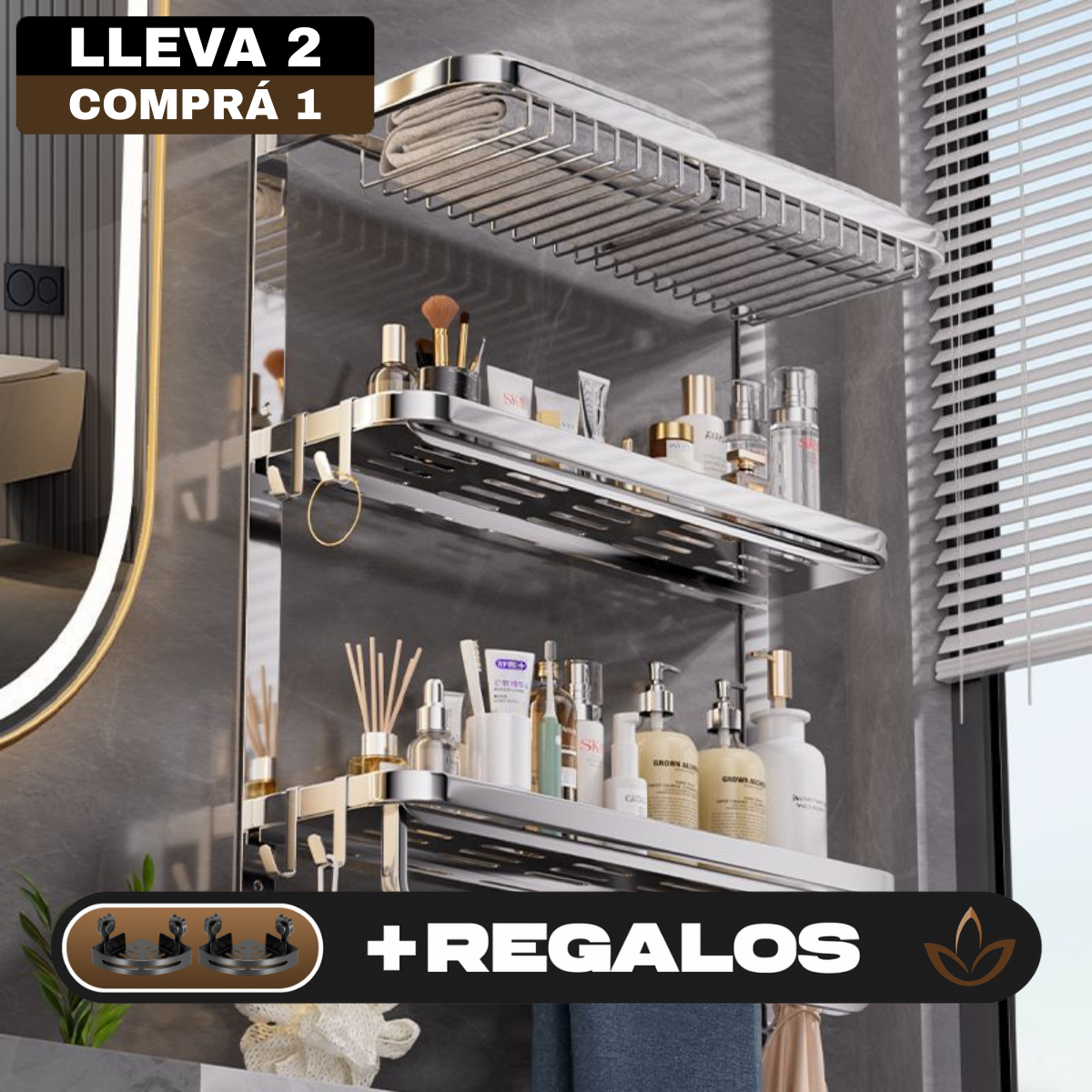 [Llevá 2 Pagá 1] Organizador de Baño de Acero Inoxidable de 3 Niveles + REGALO: 2 Mini Soportes Inox