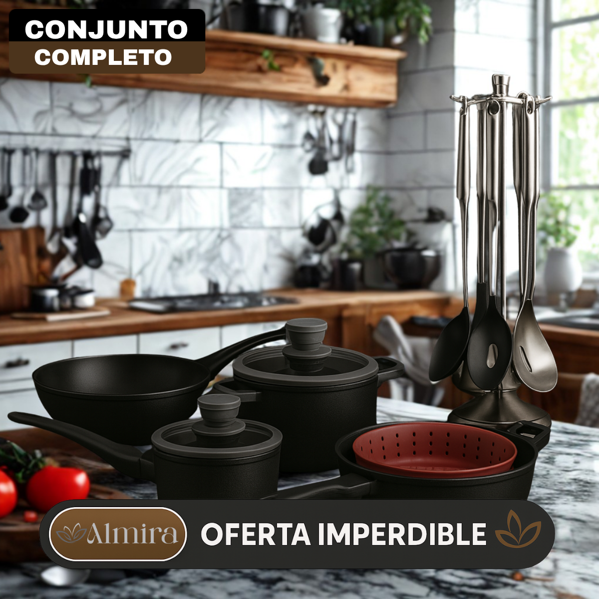 Conjunto Completo de Cocina con Triple Capa de Acero Inoxidable, Tapa de Vidrio y Tecnología Antiadherente