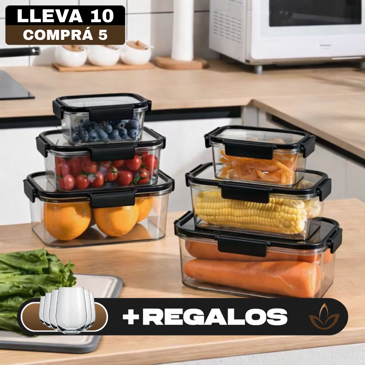 [Llevá 10, pagá 5] Frascos Herméticos de Vidrio Templado con Tapa Hermética +REGALO: 5 Vasos de Vidrio Long Drink