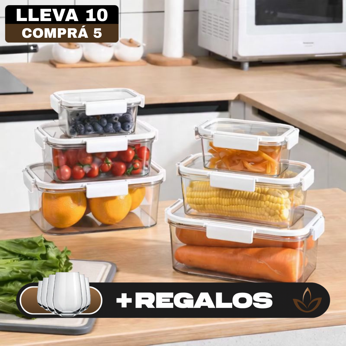 [Llevá 10, pagá 5] Frascos Herméticos de Vidrio Templado con Tapa Hermética +REGALO: 5 Vasos de Vidrio Long Drink