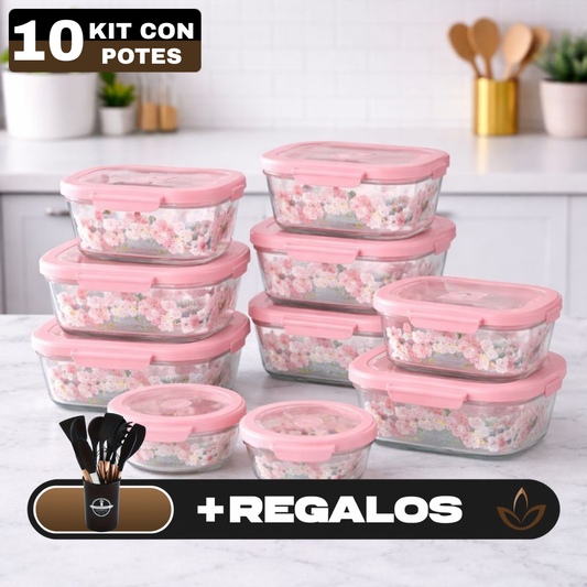 Kit de 10 Frascos Herméticos de Vidrio Templado con Tapa Sellada y Trabas + REGALO: Kit de Utensilios de Cocina