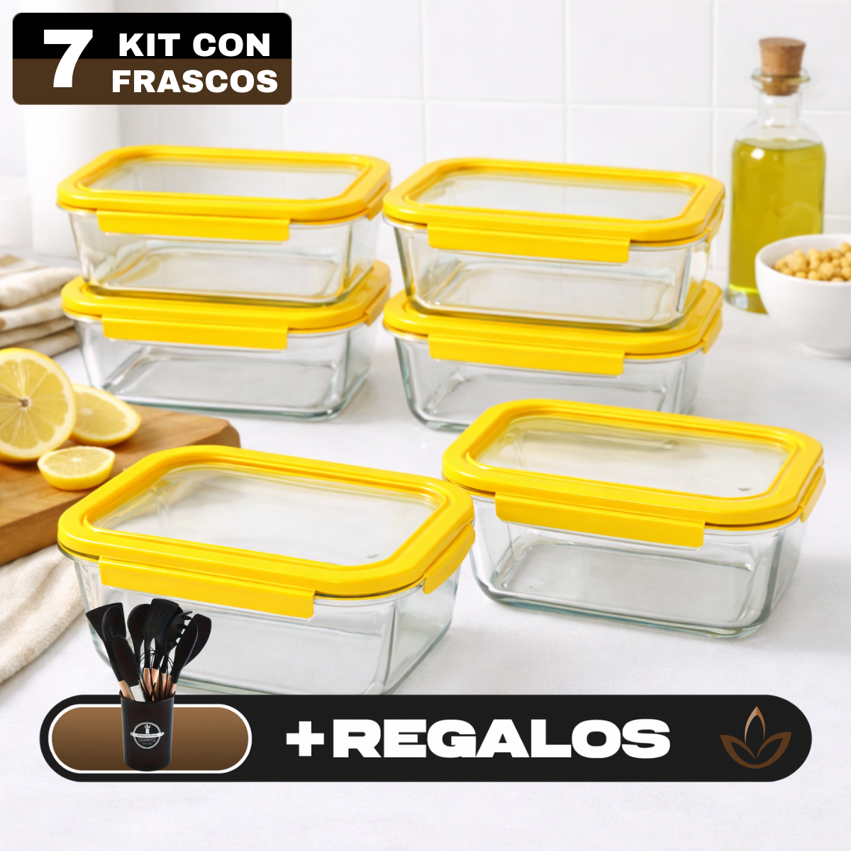 Kit de 7 Frascos Herméticos de Vidrio Templado con Tapa de Sellado al Vacío + REGALO: Kit de Utensilios de Cocina