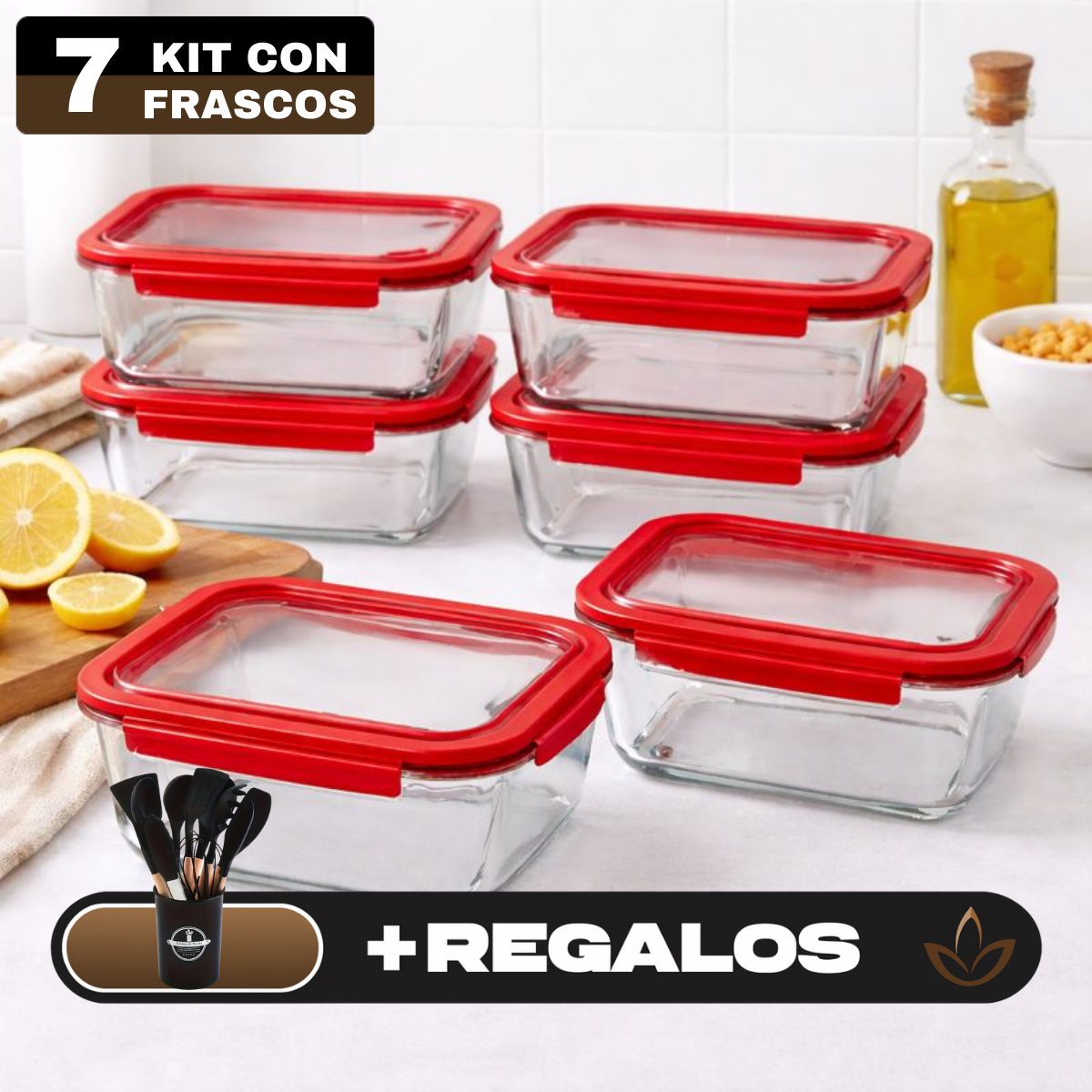 Kit de 7 Frascos Herméticos de Vidrio Templado con Tapa de Sellado al Vacío + REGALO: Kit de Utensilios de Cocina