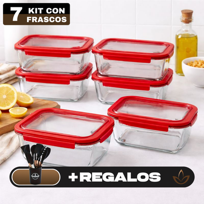 Kit de 7 Frascos Herméticos de Vidrio Templado con Tapa de Sellado al Vacío + REGALO: Kit de Utensilios de Cocina