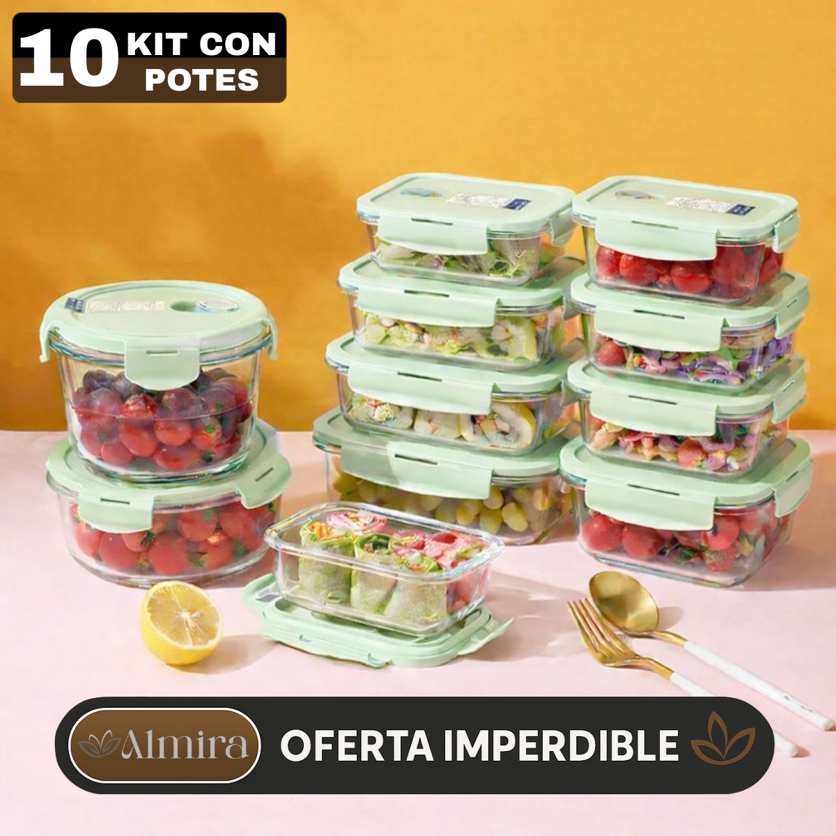Kit 10 Potes Herméticos Antibacterianos de Vidrio Templado con Tapa de Alta Sellación