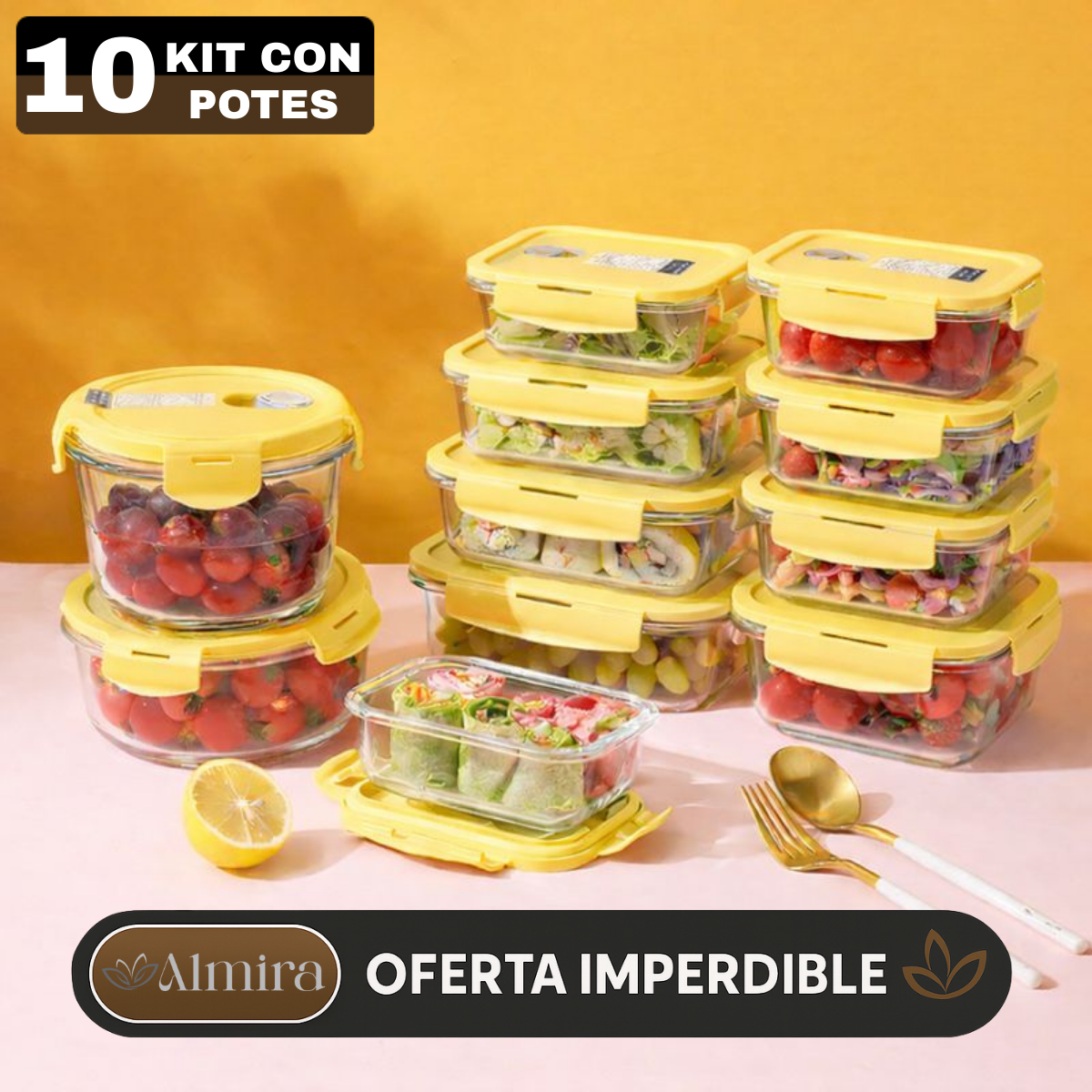 Kit 10 Potes Herméticos Antibacterianos de Vidrio Templado con Tapa de Alta Sellación