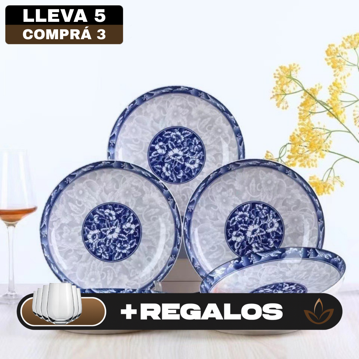 [Llevá 5 Pagá 3] Platos de Cerámica Resistente con Estampa Retro + REGALO: 5 Vasos de Vidrio