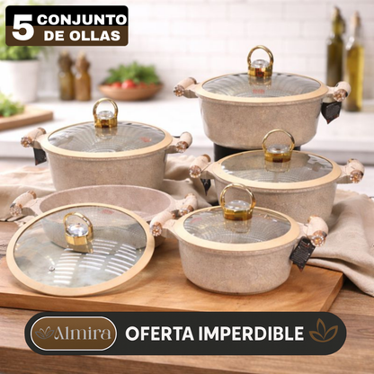 Juego de 5 Ollas de Cerámica Antiadherente con Triple Revestimiento (¡Cociná más rápido y con mucho menos desorden!)