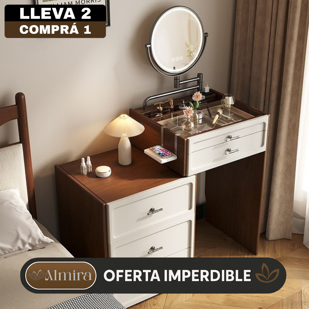 [Llevá 2 Pagá 1] Mesita Organizadora de Dormitorio de Madera con 4 Cajones y Compartimentos Inteligentes