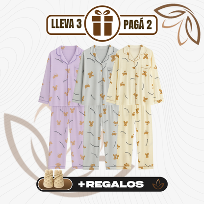 [Llevá 3 Pagá 2] Pijamas Femeninos en Seda Hielo y Algodón + REGALO: Par de Pantuflas